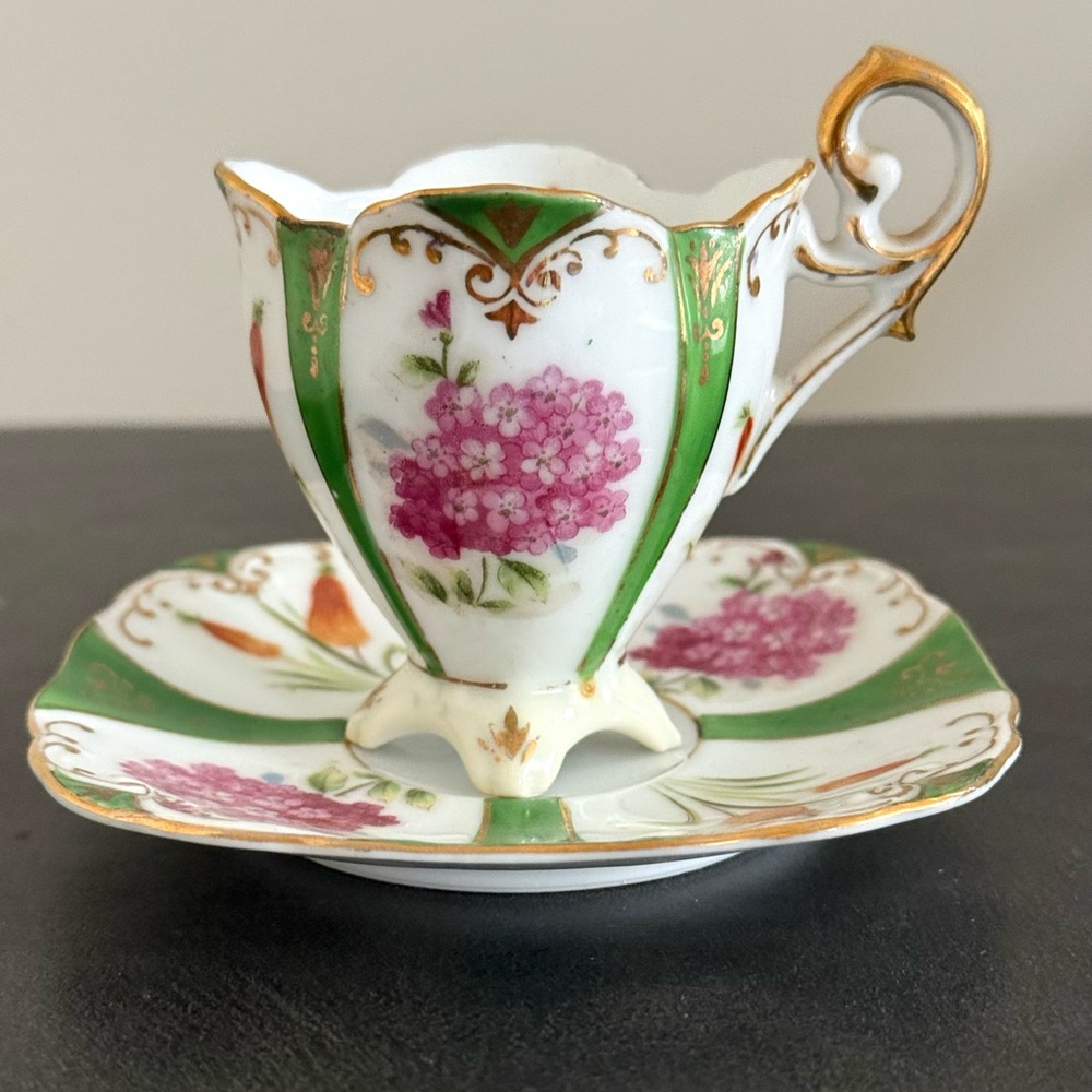 Vintage Ucago Japan Green and Gold Floral Demitasse Teacup and Saucer Porcelain